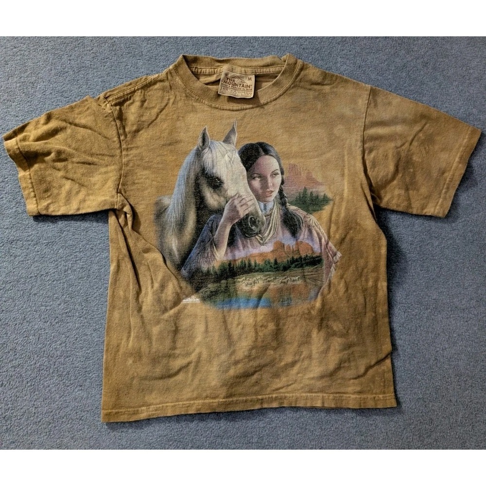 VTG 1998 The Mountain Horse Native American Graphic T Shirt Youth M USA Tie Dye